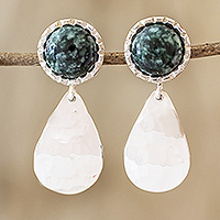 Jade dangle earrings, 'Maya Texture in Dark Green' - Dark Green Jade Dangle Earrings