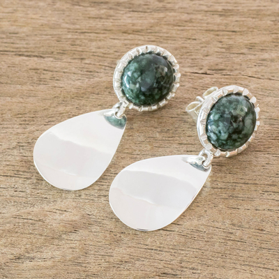 Jade dangle earrings, 'Maya Polish in Dark Green' - Sterling Silver Earrings with Dark Green Jade