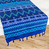 Cotton table runner, 'Blue Heritage' - Fringed Blue and Black Cotton Table Runner