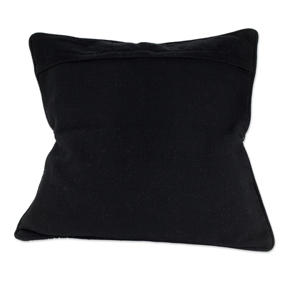 Cotton cushion cover, 'Solola Symbols' - Black and White Striped Cushion Cover