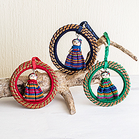 Pine needle ornaments, 'Colorful Diversity' (set of 3) - Hand Crafted Pine Needle Worry Doll Ornaments (Set of 3)