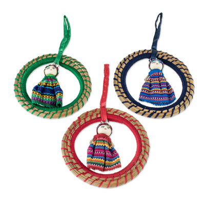 Hand Crafted Pine Needle Worry Doll Ornaments (Set of 3)