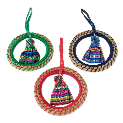 Pine needle ornaments, 'Colorful Diversity' (set of 3) - Hand Crafted Pine Needle Worry Doll Ornaments (Set of 3)