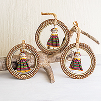 Pine needle ornaments, 'Golden Diversity' (set of 3) - Handmade Worry Doll Ornament Set (Set of 3)
