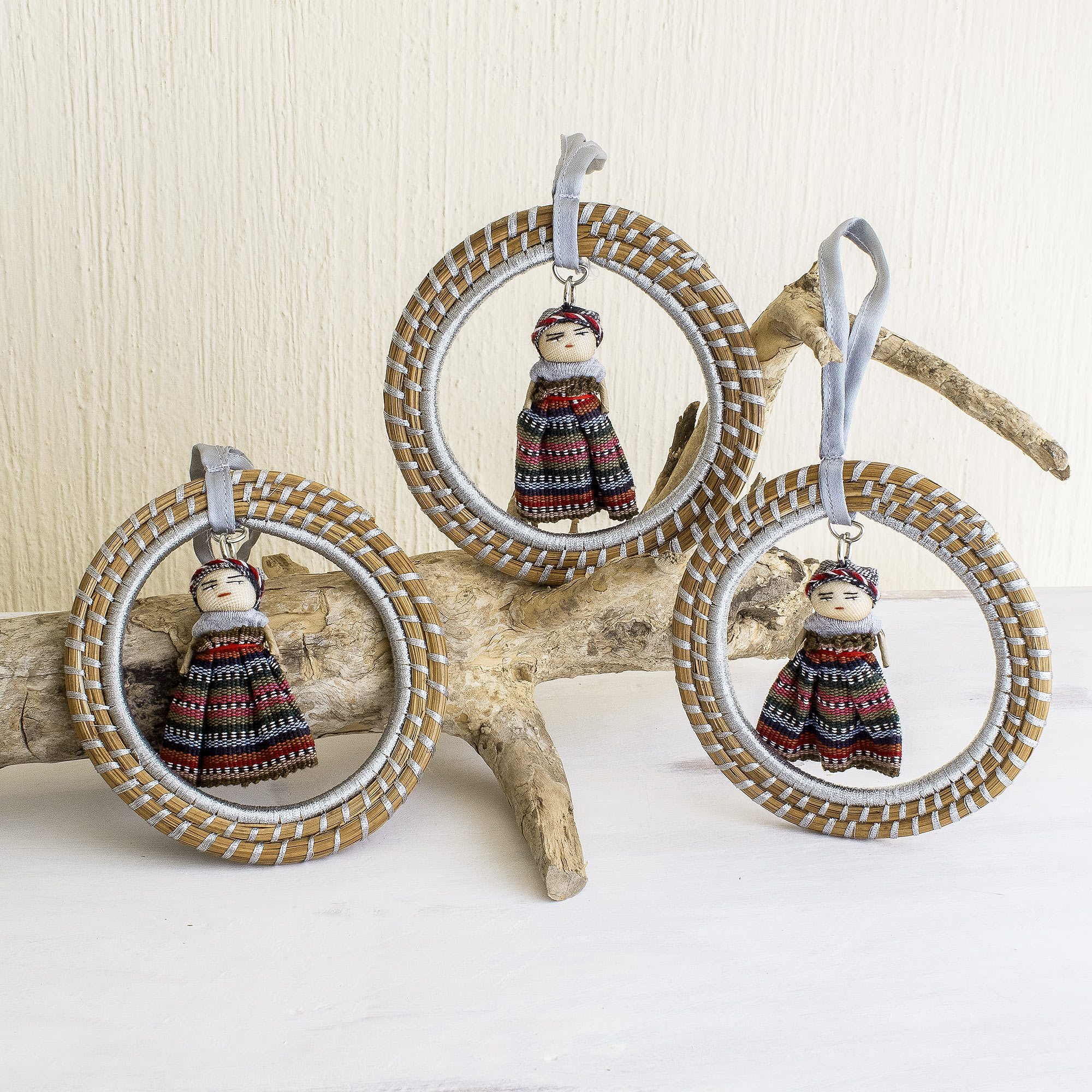 Guatemalan Handmade Pine Needle Ornaments (Set of 3) Silver Diversity