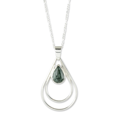 Jade pendant necklace, 'Double Drop in Dark Green' - Green Jade and Sterling Silver Teardrop Pendant Necklace