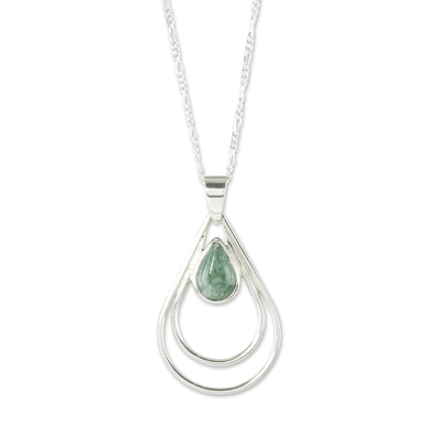 Jade pendant necklace, 'Double Drop in Light Green' - Green Jade and Sterling Silver Teardrop Pendant Necklace