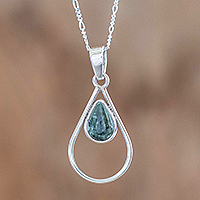 Jade pendant necklace, 'Simple Drop in Dark Green' - Green Jade and Sterling Silver Teardrop Pendant Necklace