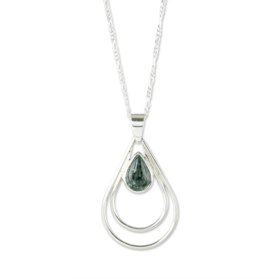Jade pendant necklace, 'Simple Drop in Dark Green' - Green Jade and Sterling Silver Teardrop Pendant Necklace