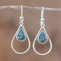 Jade dangle earrings, 'Simple Drop in Dark Green' - Green Jade and Sterling Silver Teardrop Dangle Earrings