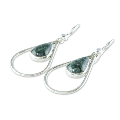 Jade dangle earrings, 'Simple Drop in Dark Green' - Green Jade and Sterling Silver Teardrop Dangle Earrings
