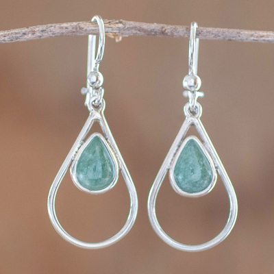Jade dangle earrings, 'Simple Drop in Light Green' - Green Jade and Sterling Silver Teardrop Dangle Earrings