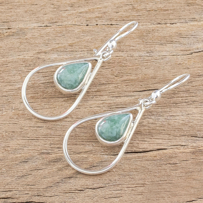 Jade dangle earrings, 'Simple Drop in Light Green' - Green Jade and Sterling Silver Teardrop Dangle Earrings