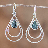 Jade dangle earrings, 'Double Drop in Dark Green'