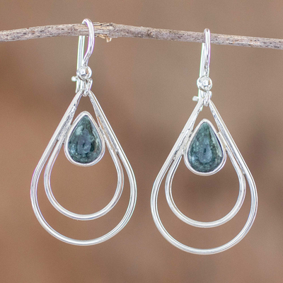 Jade dangle earrings, 'Double Drop in Dark Green' - Green Jade and Sterling Silver Teardrop Dangle Earrings