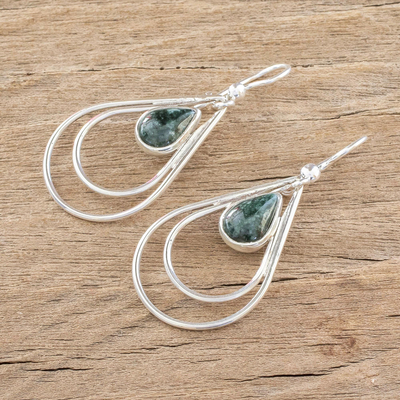 Jade dangle earrings, 'Double Drop in Dark Green' - Green Jade and Sterling Silver Teardrop Dangle Earrings