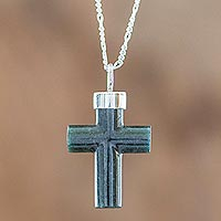 Jade cross pendant necklace, 'Zacapa Faith in Dark Green' - Dark Green Jade Cross Pendant Necklace