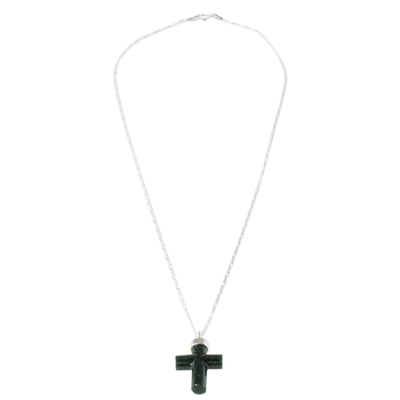 Jade cross pendant necklace, 'Zacapa Faith in Dark Green' - Dark Green Jade Cross Pendant Necklace