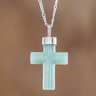 Jade cross pendant necklace, 'Zacapa Faith in Light Green' - Light Green Cross Pendant Necklace