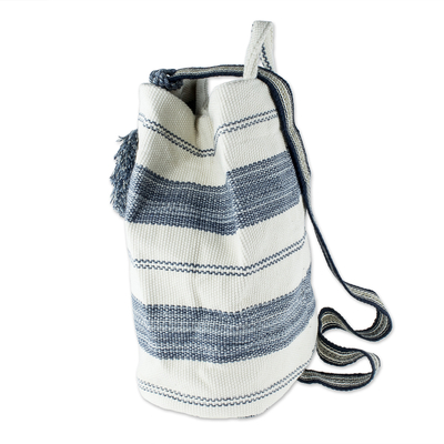 Cotton shoulder bag, 'Flowing River in Blue' (12 inch) - Handcrafted Off-White and Blue Cotton Shoulder Bag (12 Inch)