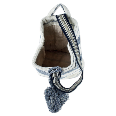 Cotton shoulder bag, 'Flowing River in Blue' (12 inch) - Handcrafted Off-White and Blue Cotton Shoulder Bag (12 Inch)