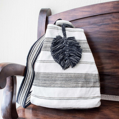 Cotton shoulder bag, 'Flowing River in Black' (12 inch) - All-Cotton Black and Off-White Shoulder Bag (12 Inch)