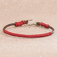 Leather and macrame bracelet, 'Destination' - Leather and Red Cord Unisex Bracelet