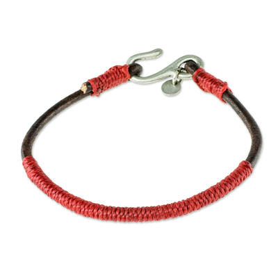 Leather and Red Cord Unisex Bracelet - Destination | NOVICA