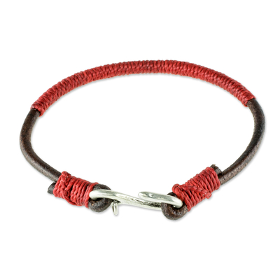 Leather and macrame bracelet, 'Destination' - Leather and Red Cord Unisex Bracelet