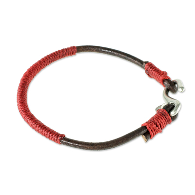 Leather and Red Cord Unisex Bracelet - Destination | NOVICA