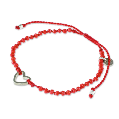 Beaded macrame pendant bracelet, 'Love is Everywhere' - Beaded Red Cord Bracelet with Heart Pendant