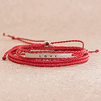 Macrame wrap bracelet, 'Love is Everything' - Red Wrap Bracelet with Engraved Pendant