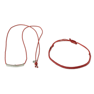 Macrame wrap bracelet, 'Love is Everything' - Red Wrap Bracelet with Engraved Pendant