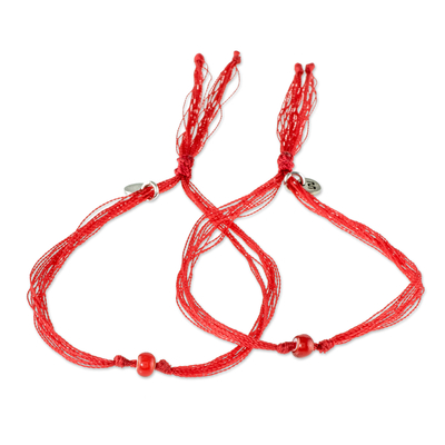 Red Cord Bracelets with Red Glass Beads (Pair)