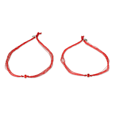 Beaded cord bracelets, 'For You and Me' (pair) - Red Cord Bracelets with Red Glass Beads (Pair)