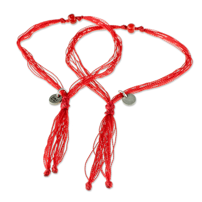 Perlenkordelarmbänder, (Paar) - Rote Kordelarmbänder mit roten Glasperlen (Paar)