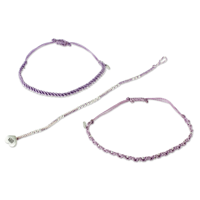 Makramee-Armbänder mit Perlen, (3er-Set) - Lavendel-Makramee-Armbänder mit Silberperlen (3er-Set)
