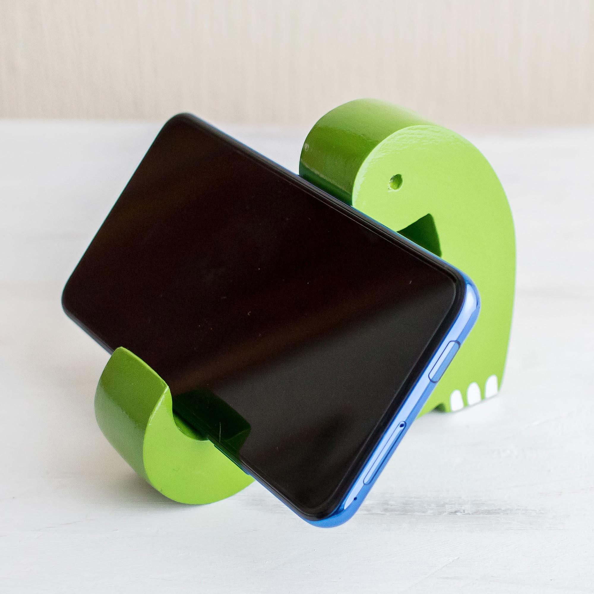 Artisan Crafted Green Cell Phone Holder Dino in Lime NOVICA