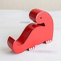 Soporte para teléfono de madera, 'Dino in Red' - Soporte para teléfono con forma de dinosaurio rojo
