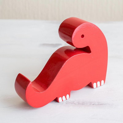 Wood phone stand, 'Dino in Red' - Red Dinosaur Shaped Phone Holder