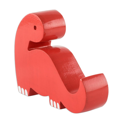 Wood phone stand, 'Dino in Red' - Red Dinosaur Shaped Phone Holder
