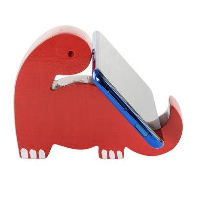 Soporte de teléfono de madera - Soporte para móvil con forma de dinosaurio rojo