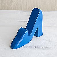 Wood phone stand, 'High Fashion in Blue' - Shoe-Shaped Blue Phone Stand