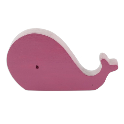 Wood phone stand, 'Pink Whale' - Handmade Pink Whale Phone Stand