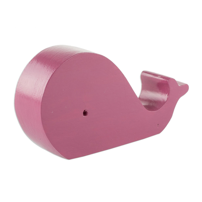 Wood phone stand, 'Pink Whale' - Handmade Pink Whale Phone Stand