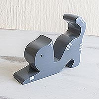 Wood phone holder, 'Stretching Cat in Grey' - Hand-carved Grey Wood Cat Phone Holder