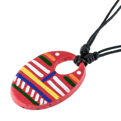Porcelain pendant necklace, 'Sacapulas Stripes' - Adjustable Porcelain Pendant Necklace