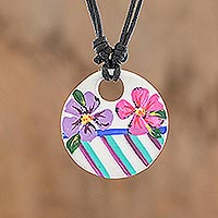 Porcelain pendant necklace, 'Atitlan Blossoms' - Floral Porcelain Pendant Necklace