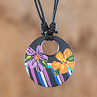 Porcelain pendant necklace, 'Atitlan Night Blossoms' - Adjustable Porcelain Pendant Necklace