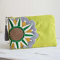 Cotton cosmetic bag, 'Golden Lime Sunshine' - Sun Motif Embroidered Chartreuse Cotton Cosmetic Bag